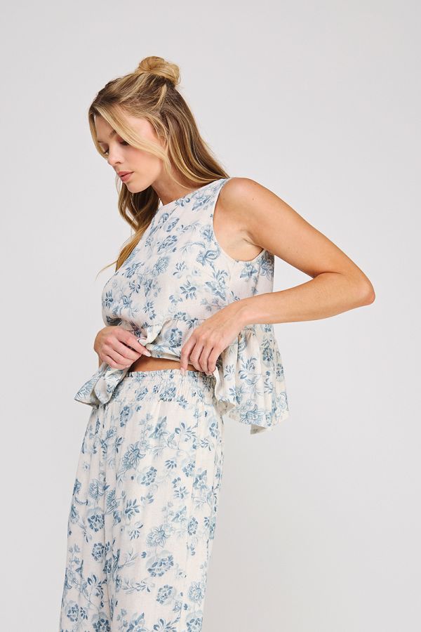 Printed Soft Linen Sleeveless Top w/ Ruffle Back Opening