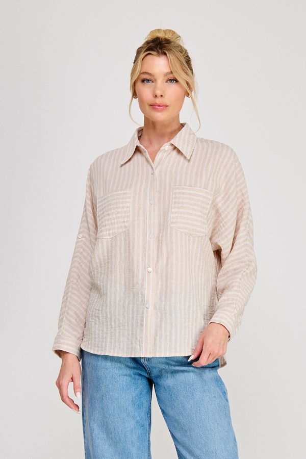 Soft Linen Blend Striped Button-Up Shirt