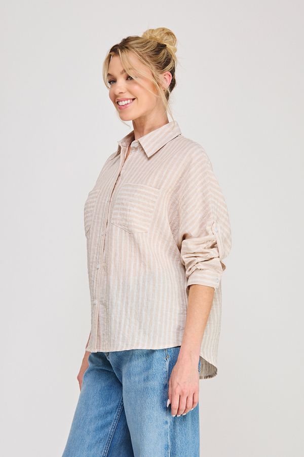 Soft Linen Blend Striped Button-Up Shirt