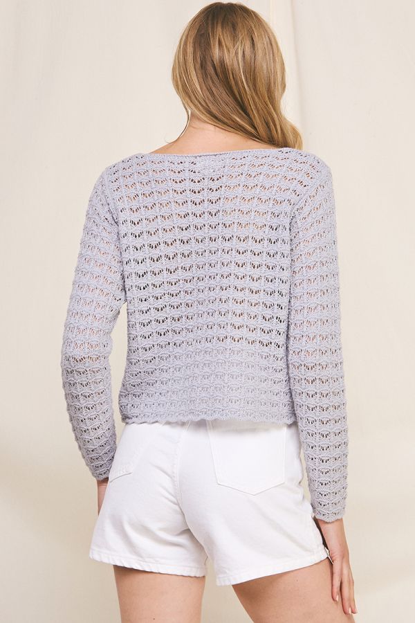 V-Neck Pointelle Sweater Top w/ Scallop Hem