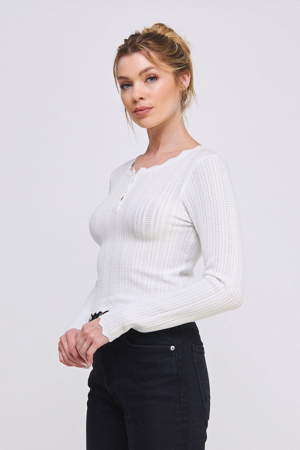 Soft Fine Gauge Pointelle Henley Sweater w/ Scalloped Edge Details