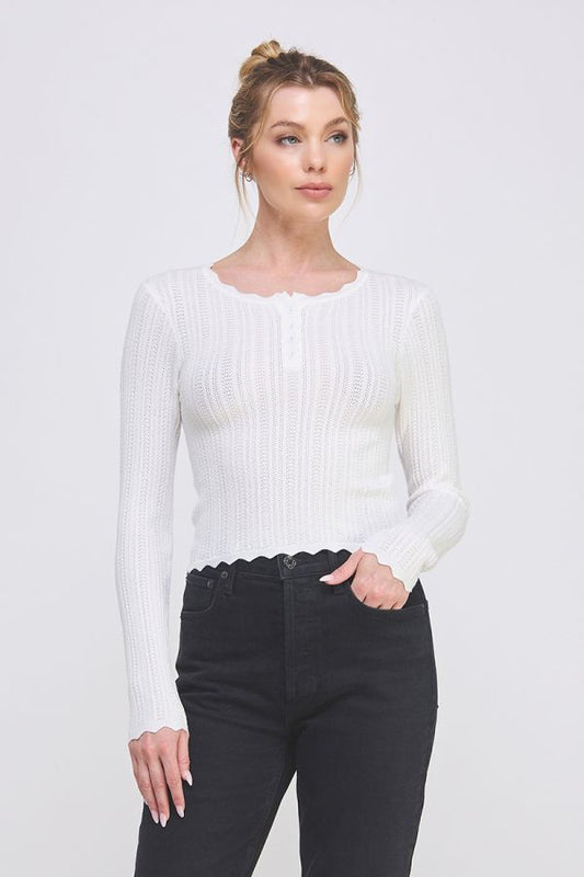 Soft Fine Gauge Pointelle Henley Sweater w/ Scalloped Edge Details
