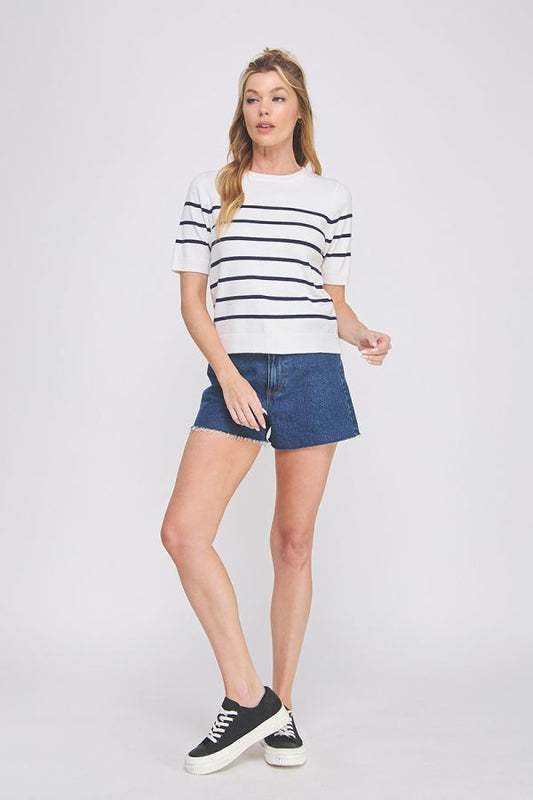 Soft Fine Gauge Short Sleeve Preppy Striped Top