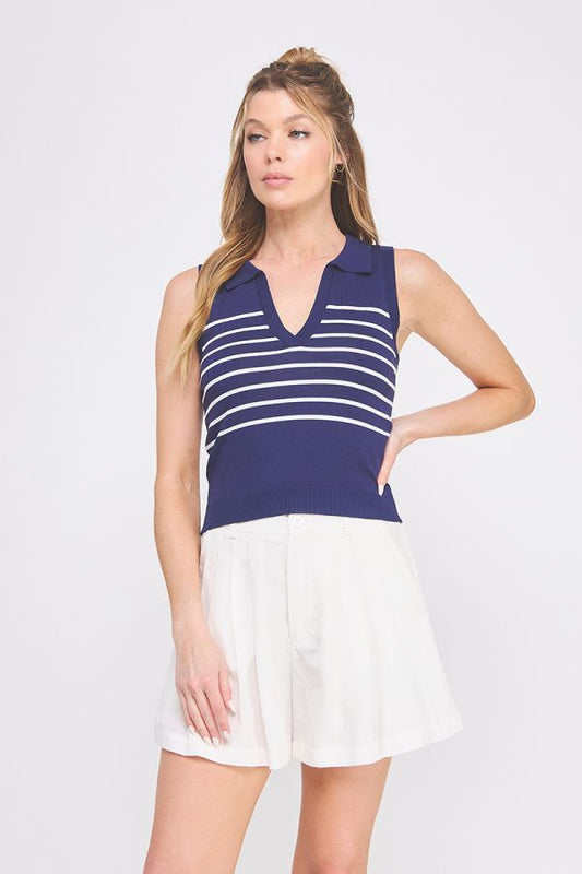 Striped Knit Polo Tank Top