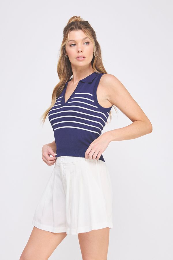 Striped Knit Polo Tank Top