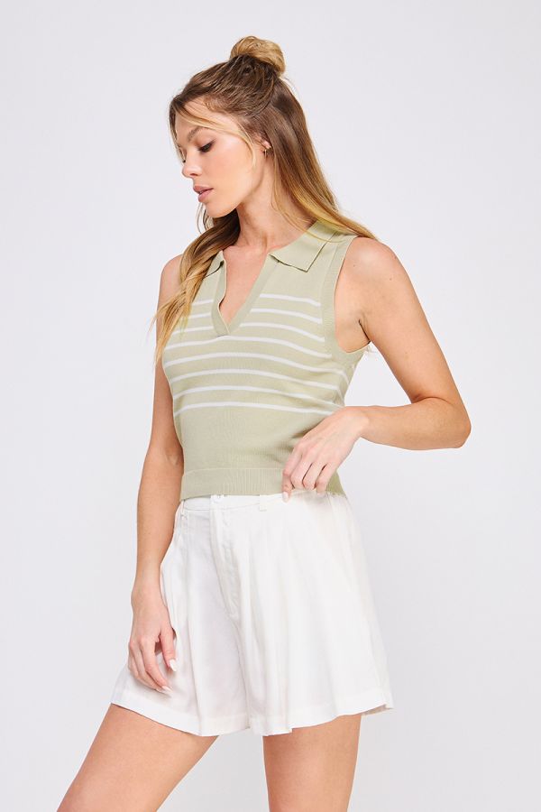 Striped Knit Polo Tank Top