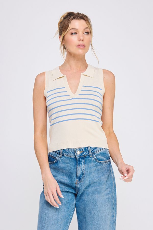 Striped Knit Polo Tank Top