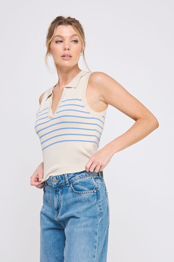 Striped Knit Polo Tank Top