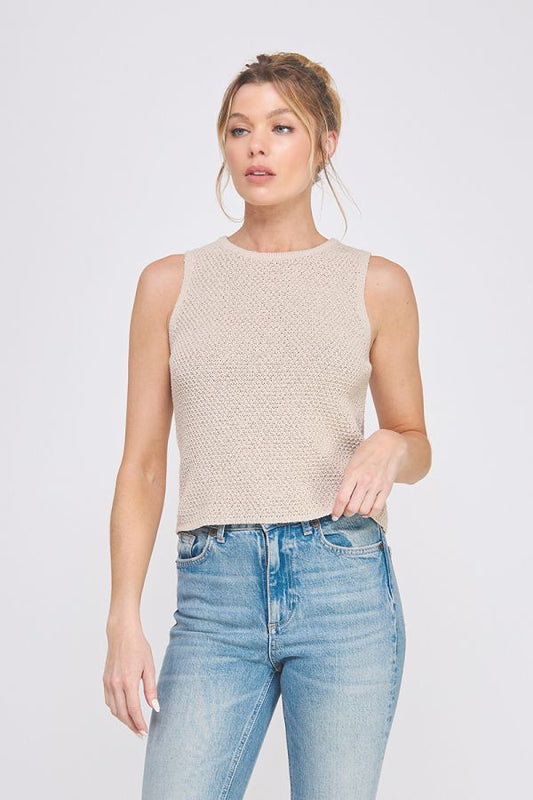Subtle Shimmer Crew Neck Crochet Knit Tank Top