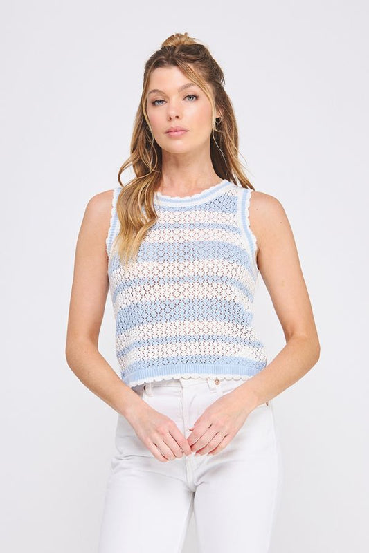 Striped Crochet Knit Tank Top w/Scallop Edges
