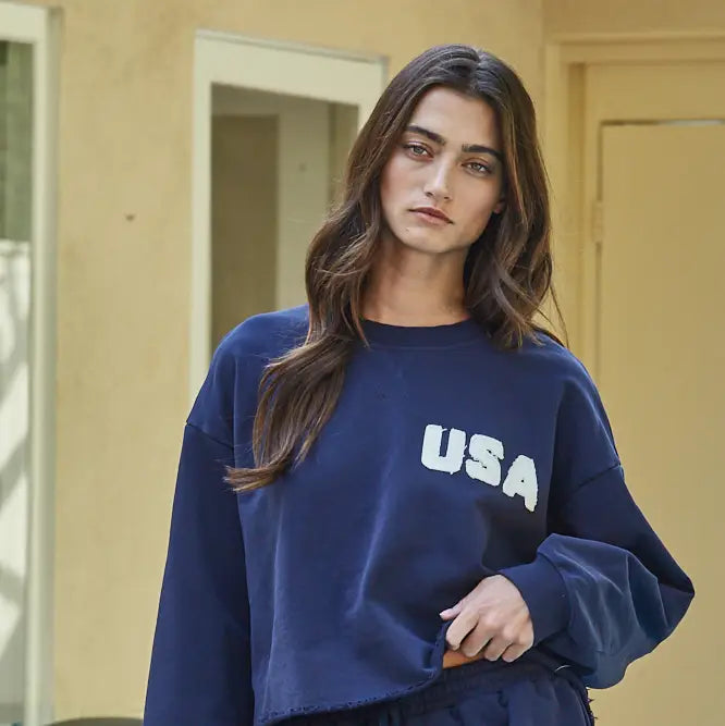 Knit Cotton Crew Pullover with USA Patch