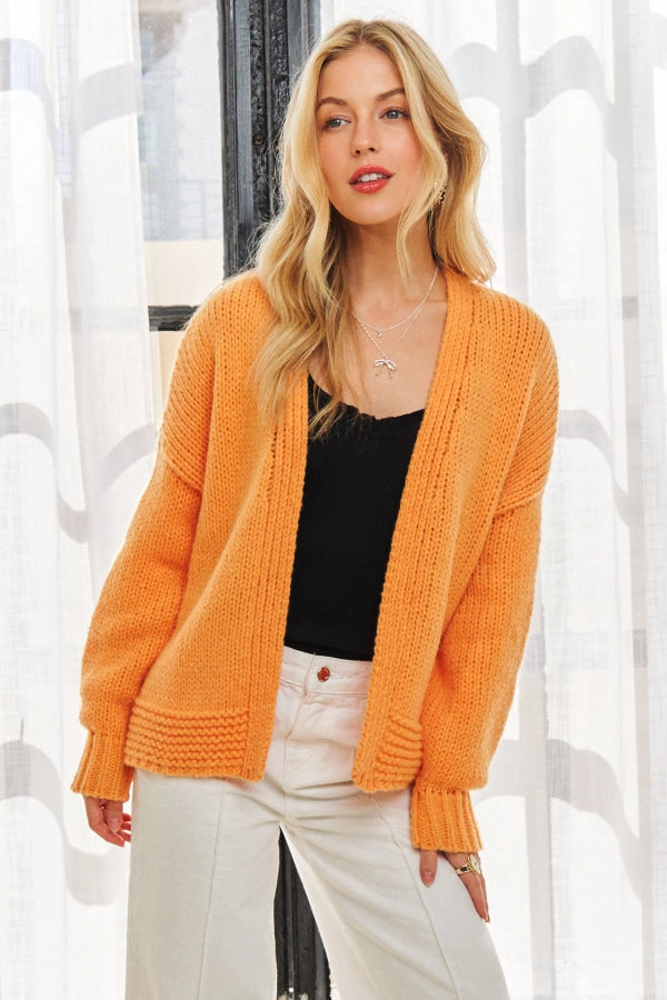 Drop Shoulder Comfy Sweater Cardigan w/ Hemline Accent