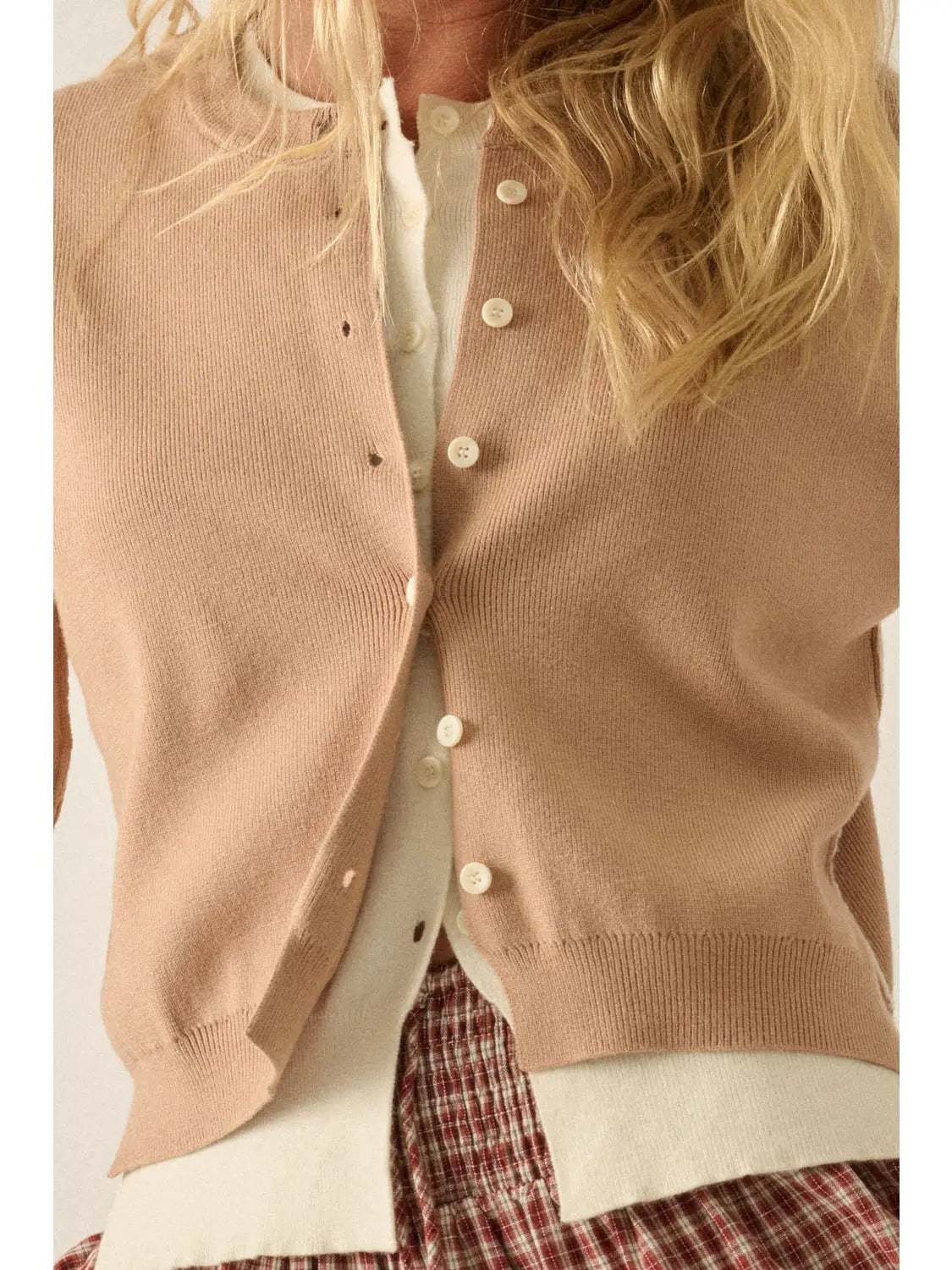 Solid Knit Two-Tone Round-Neck Button-Front Layered Cardigan