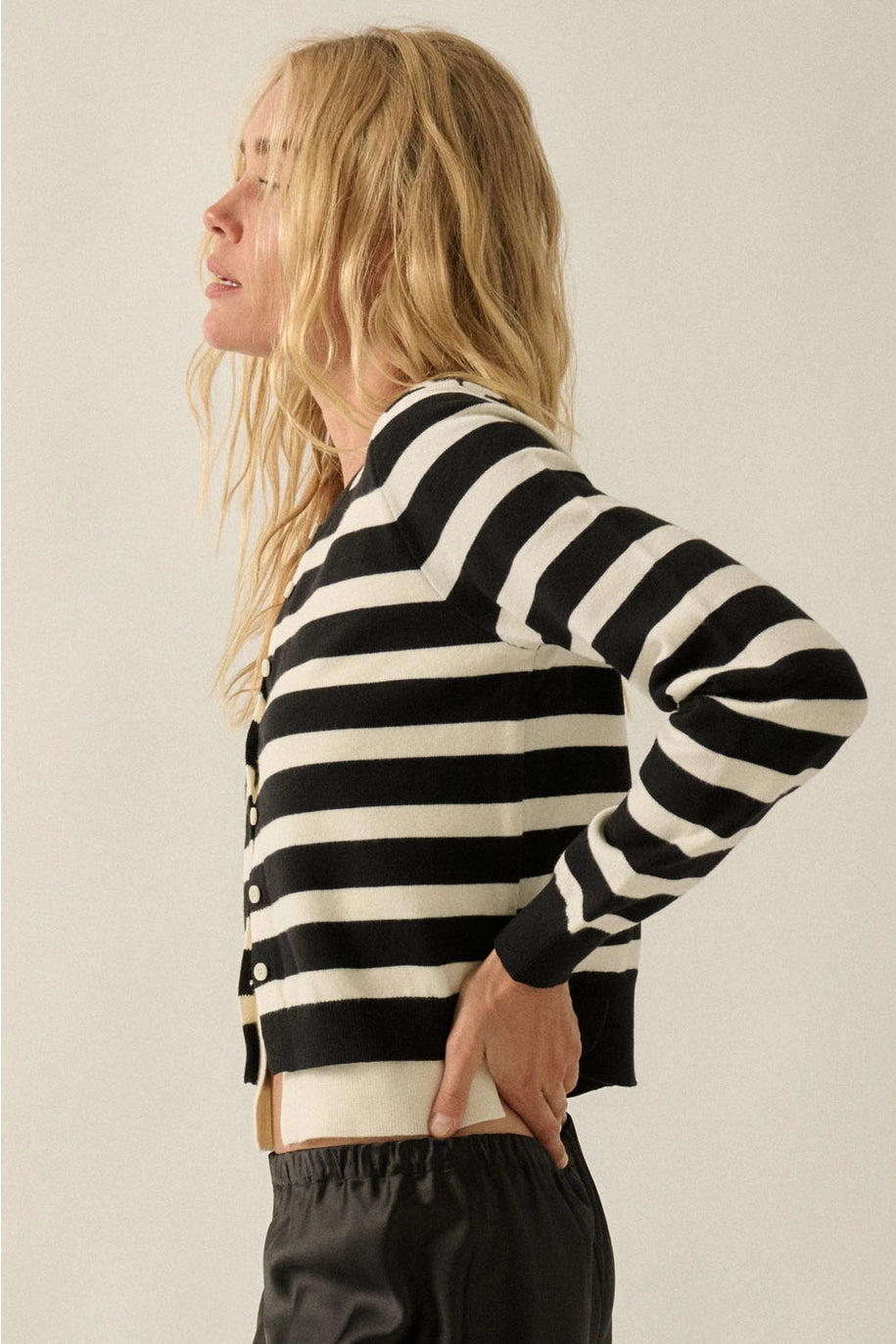 Striped Knit Round-Neck Button-Front Layered Cardigan