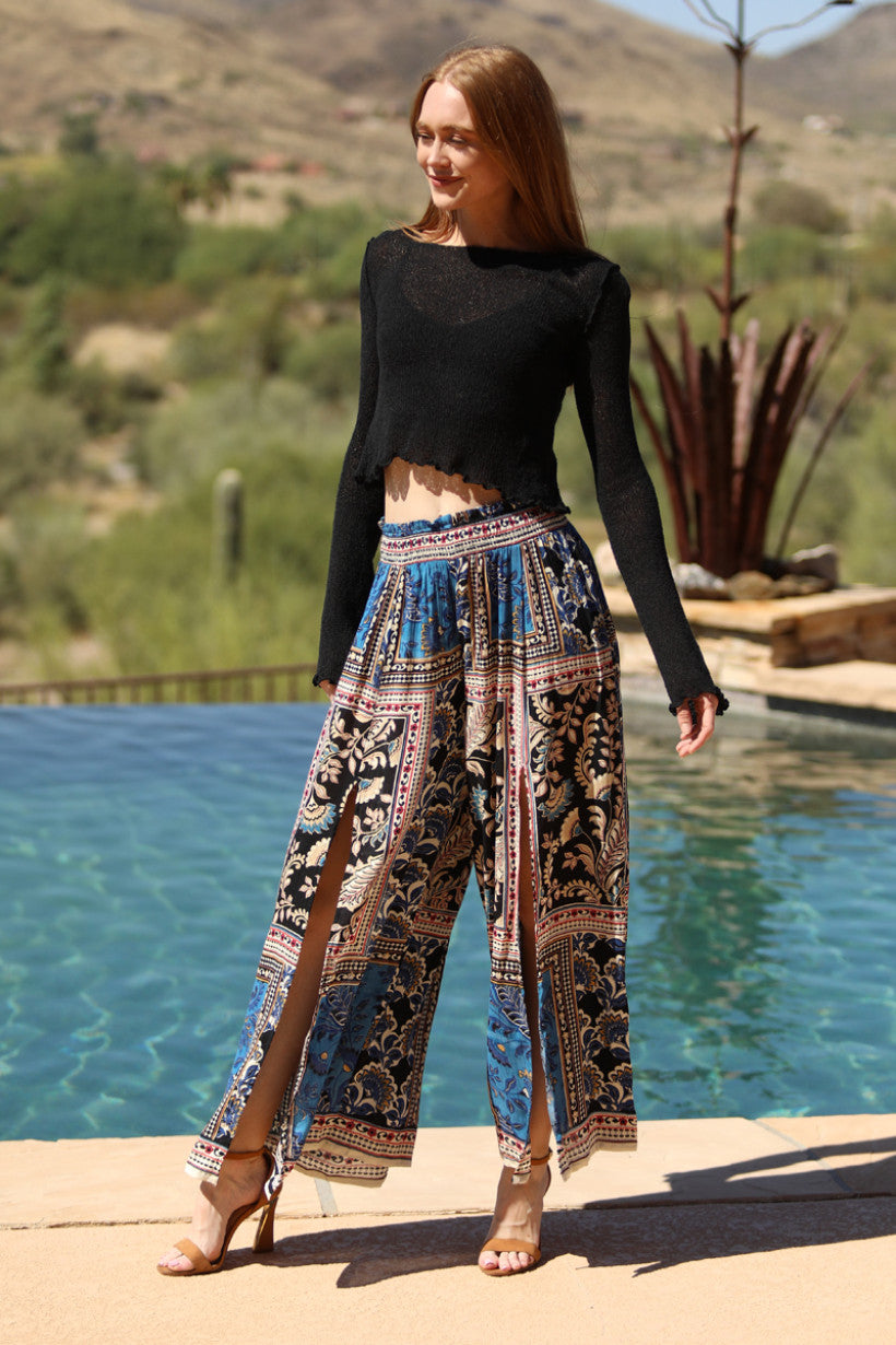 Smocked Waist Wide Leg Pants w/ Front Slits