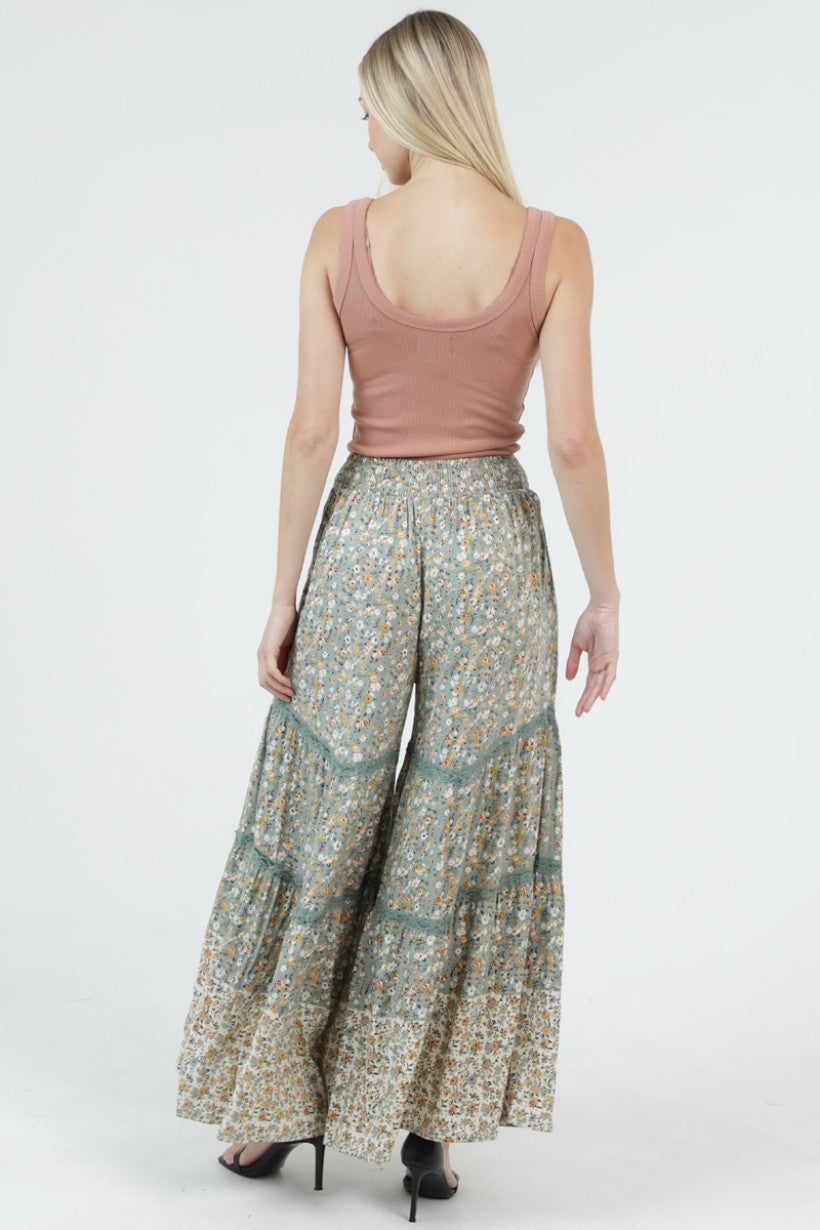 Smocked Waist Floral Lace Print Pants