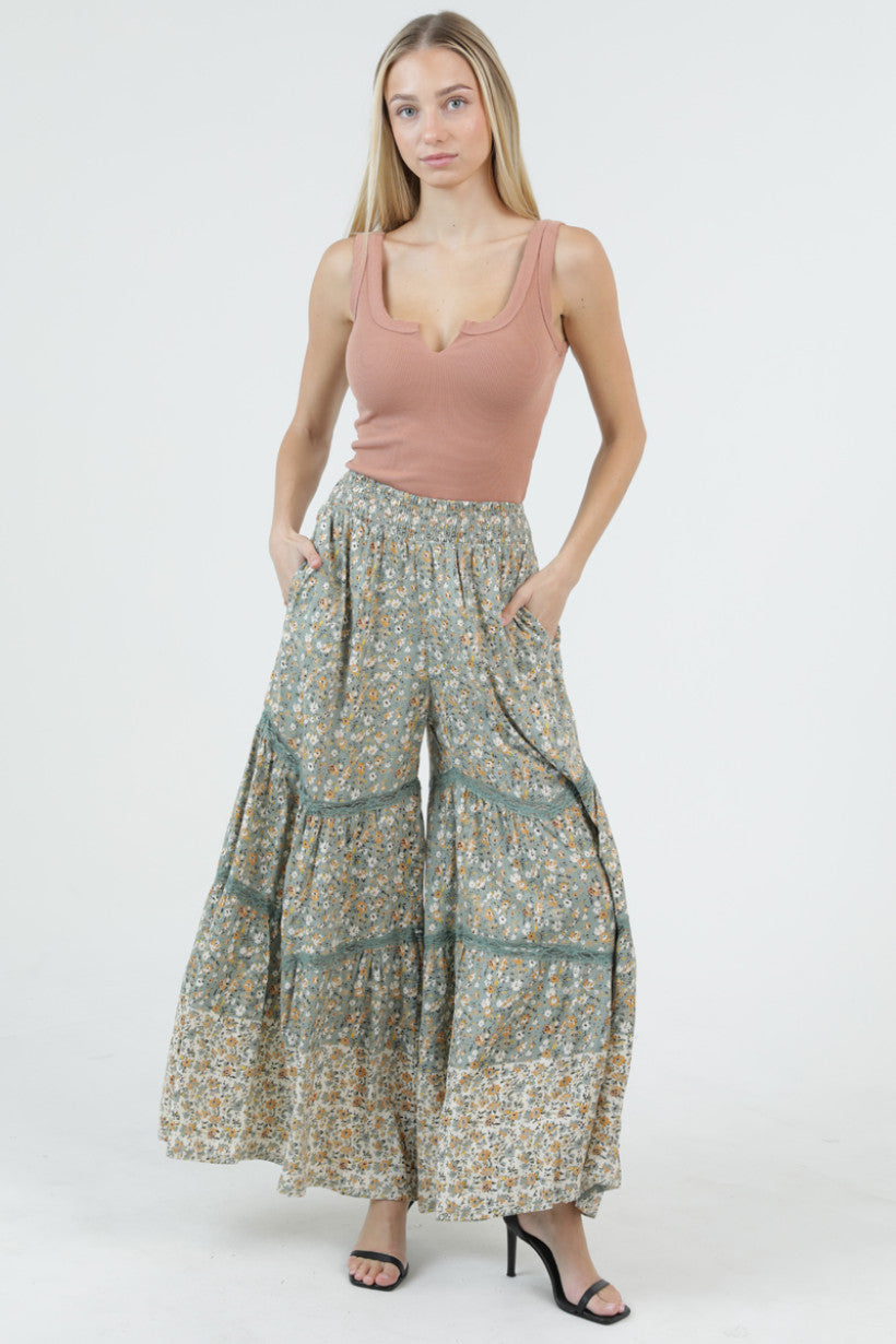 Smocked Waist Floral Lace Print Pants
