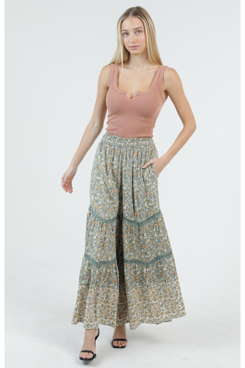 Smocked Waist Floral Lace Print Pants