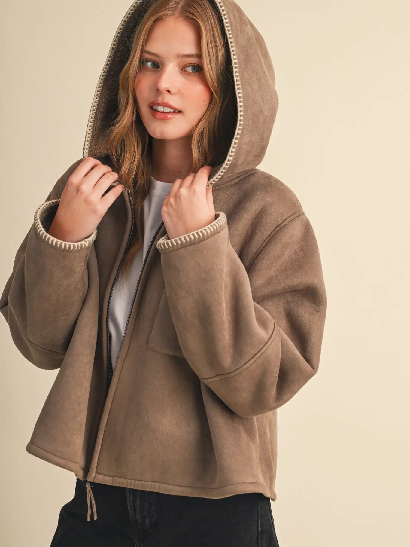 Suede Faux Sherpa Hooded Jacket with Contrast Blanket Stitch