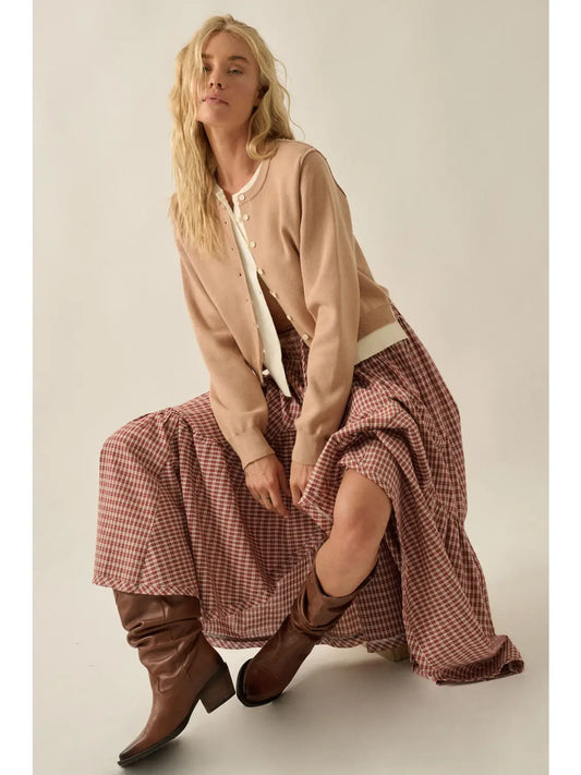 Solid Knit Two-Tone Round-Neck Button-Front Layered Cardigan