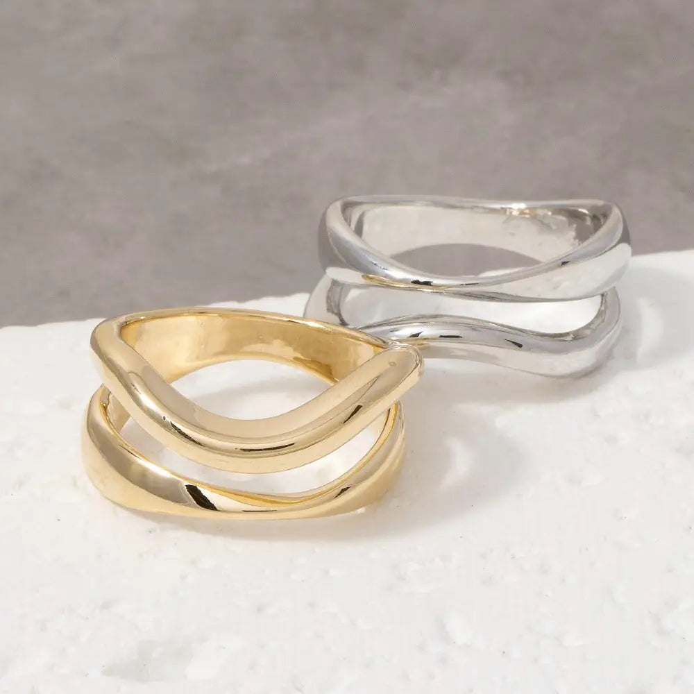 Warped Metallic Double Line Ring
