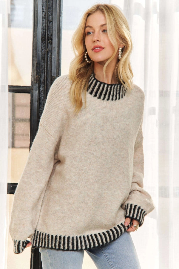 Mock Neck Loose Fit Sweater w/ Edge Detail