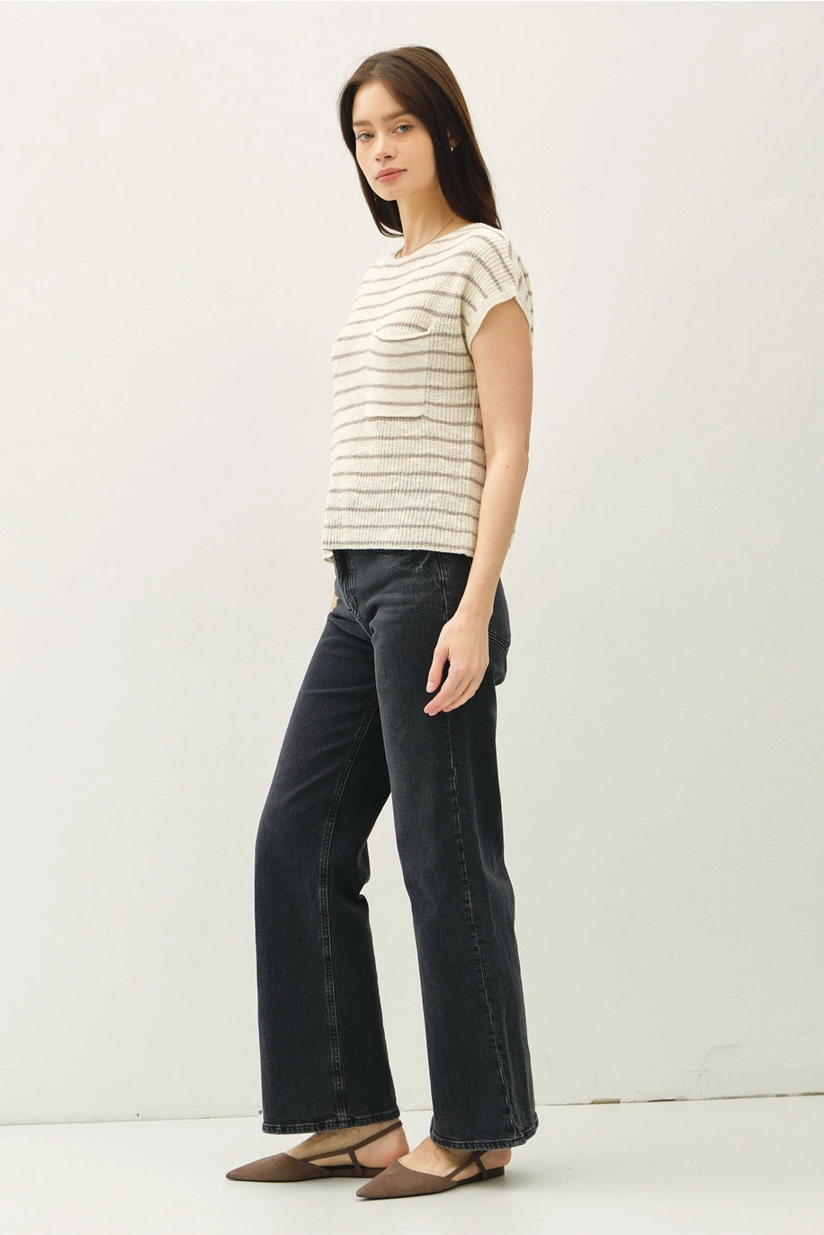 Lightweight Striped Knit Cap Sleeve Sweater Top with Pocket