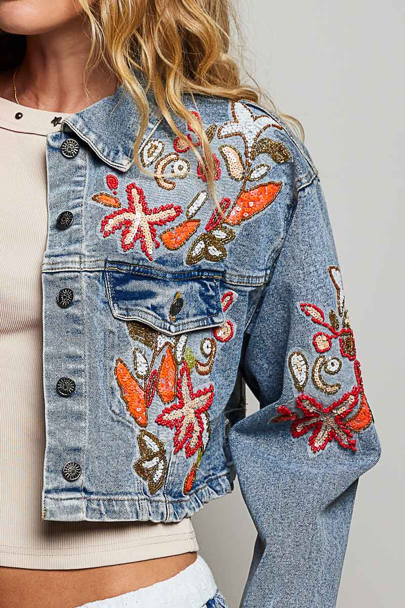 Beaded Embroidered Waist Tab Denim Jacket