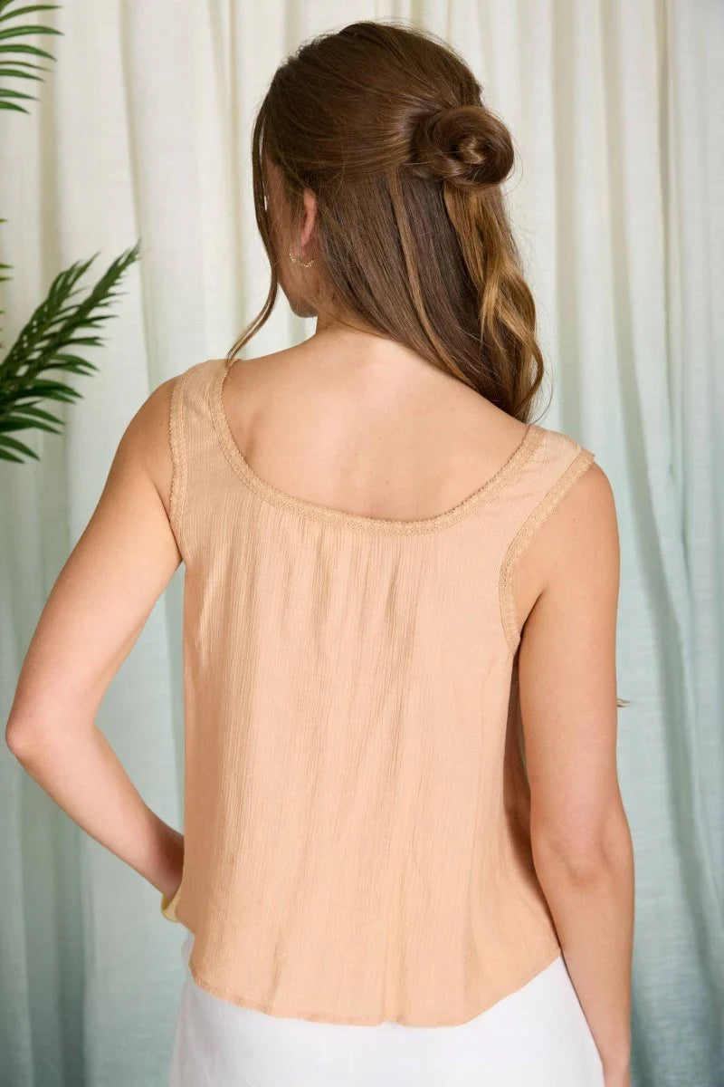Lace Trim Front Tie Button Down Sleeveless Top