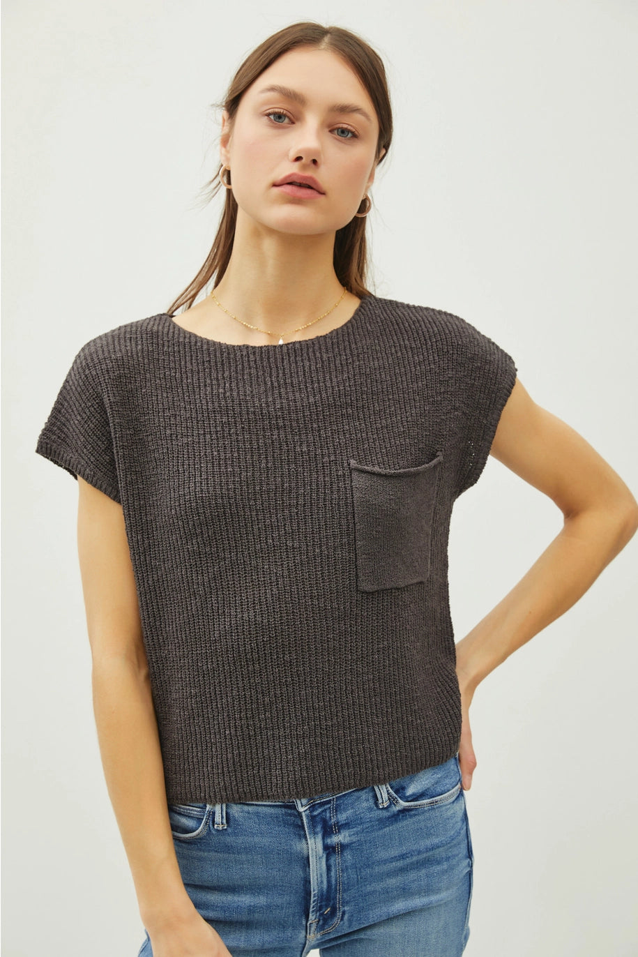 Boat Neck Dolman Cap Sleeve Boxy Knit Sweater Top with Patch Pocket
