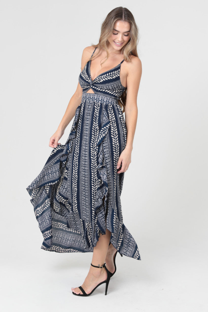 Twist Front Key Hole Ruffle Slit Maxi Dress