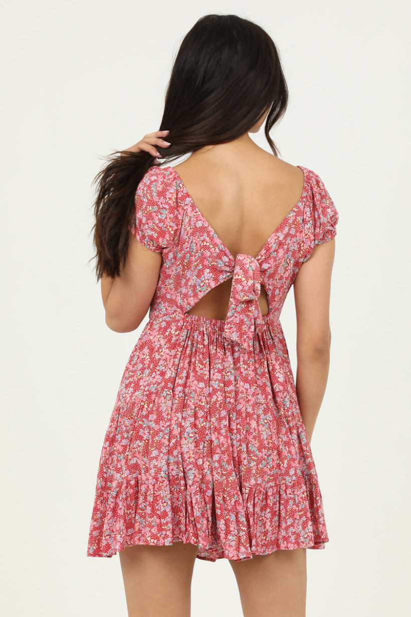 Floral Print Mini Dress w/ Back Tie