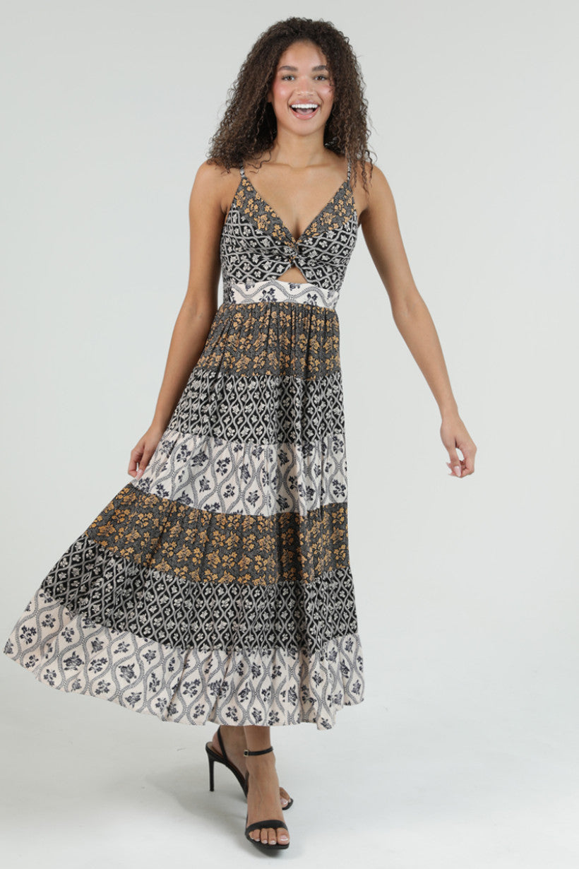 Multi Print Tiered Maxi Dress w/ Cutout