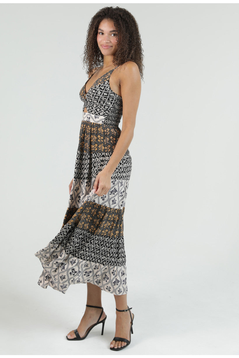 Multi Print Tiered Maxi Dress w/ Cutout