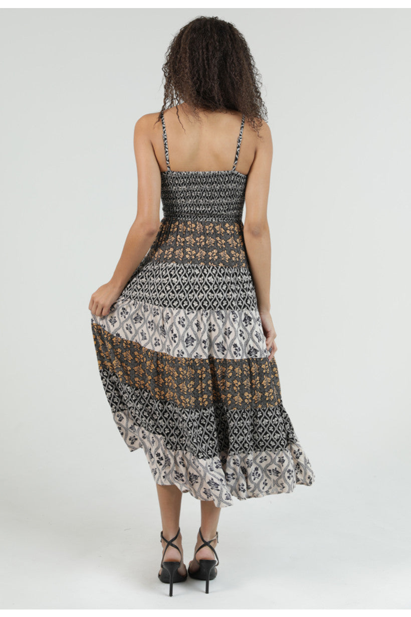 Multi Print Tiered Maxi Dress w/ Cutout