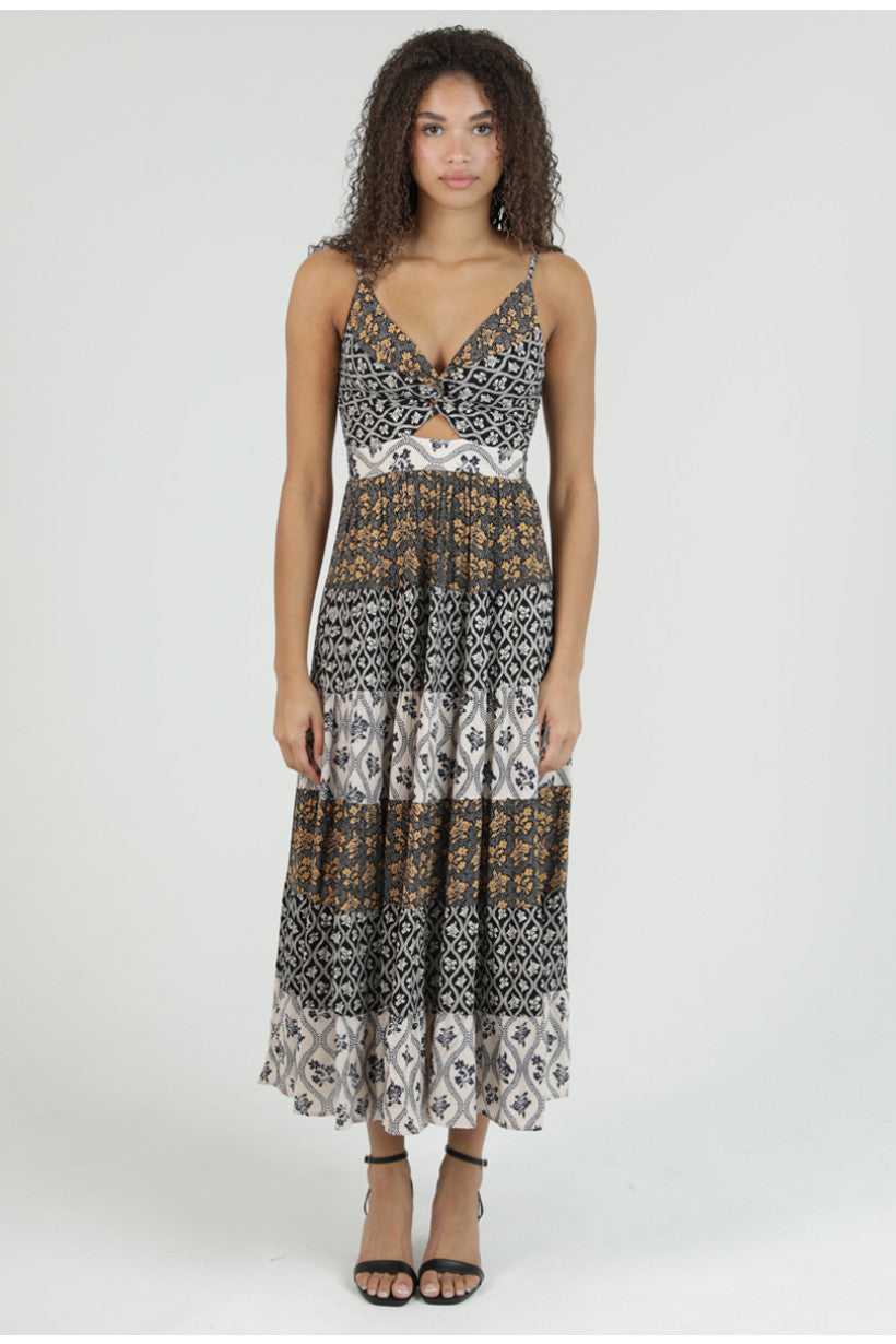Multi Print Tiered Maxi Dress w/ Cutout