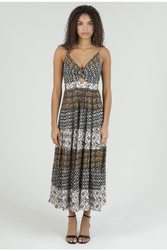 Multi Print Tiered Maxi Dress w/ Cutout
