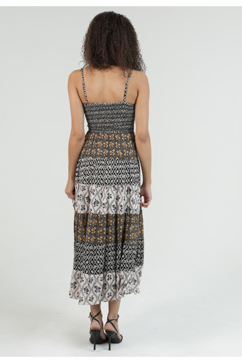 Multi Print Tiered Maxi Dress w/ Cutout