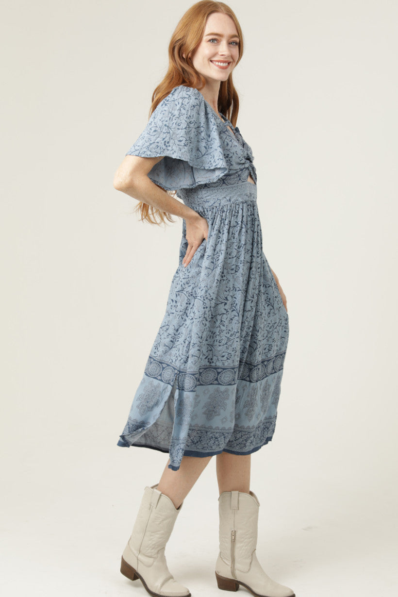 V Neck Key Hole Front Flatter Sleeve Maxi Dress