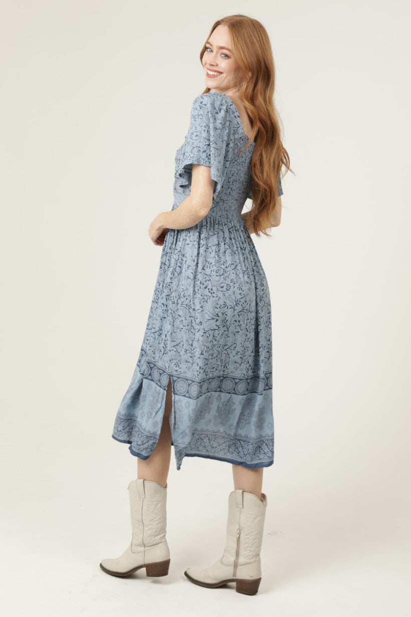 V Neck Key Hole Front Flatter Sleeve Maxi Dress