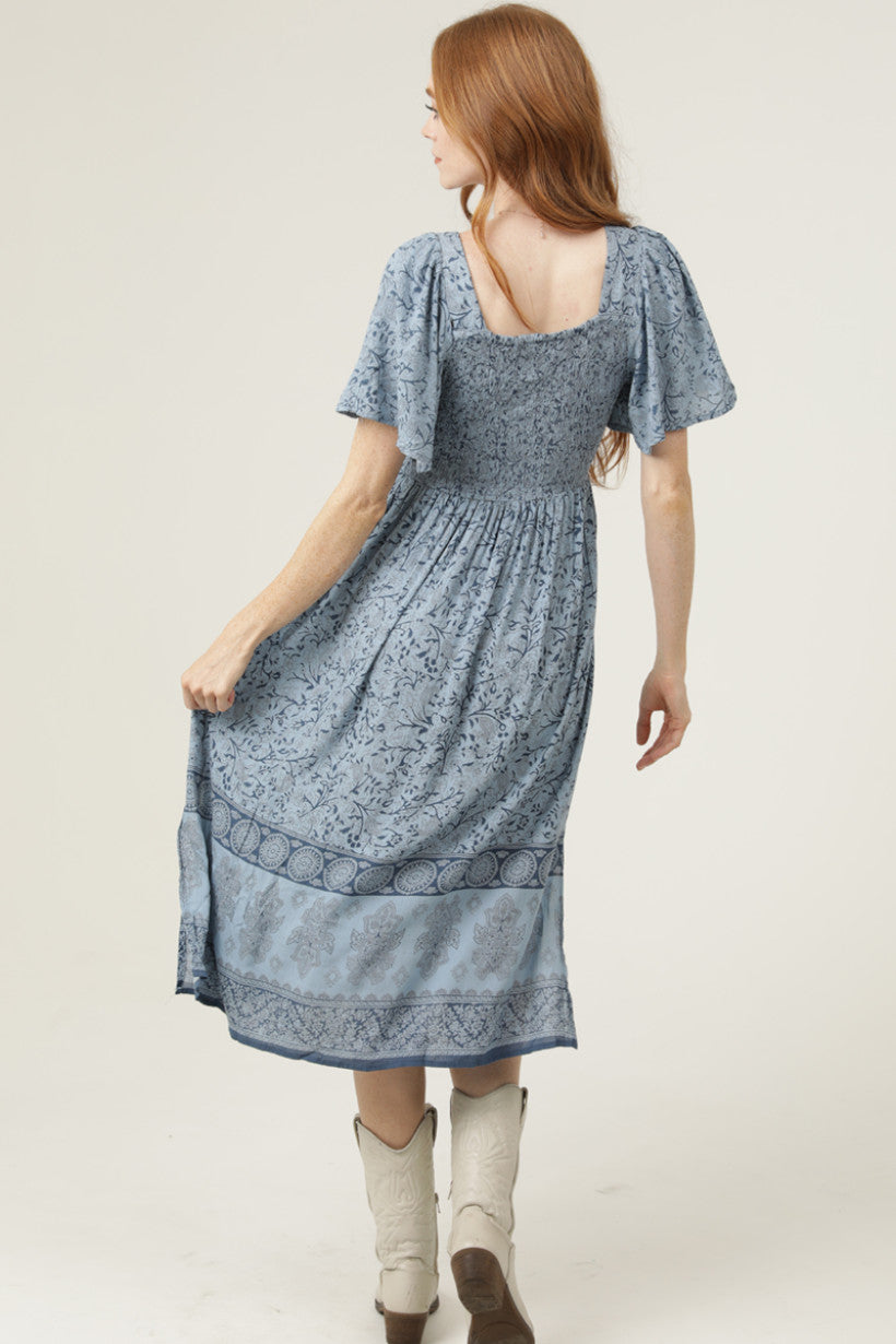 V Neck Key Hole Front Flatter Sleeve Maxi Dress