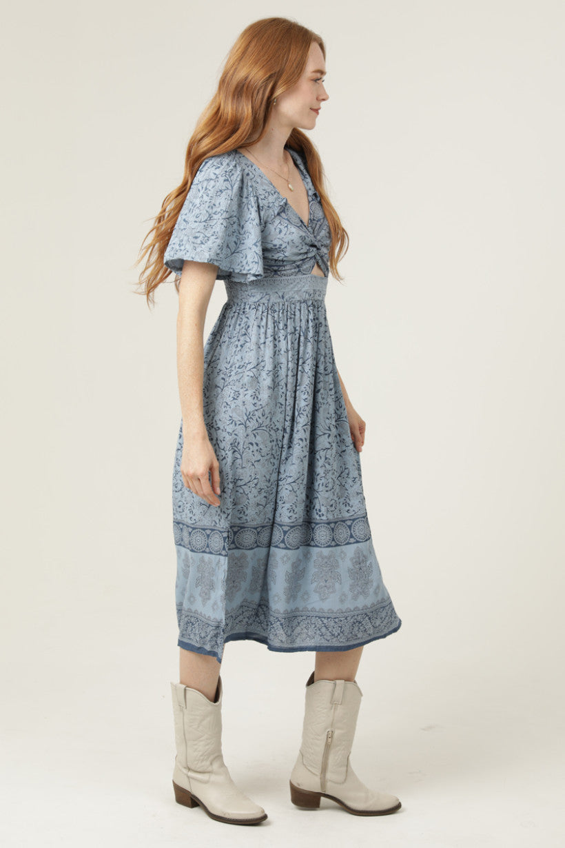 V Neck Key Hole Front Flatter Sleeve Maxi Dress