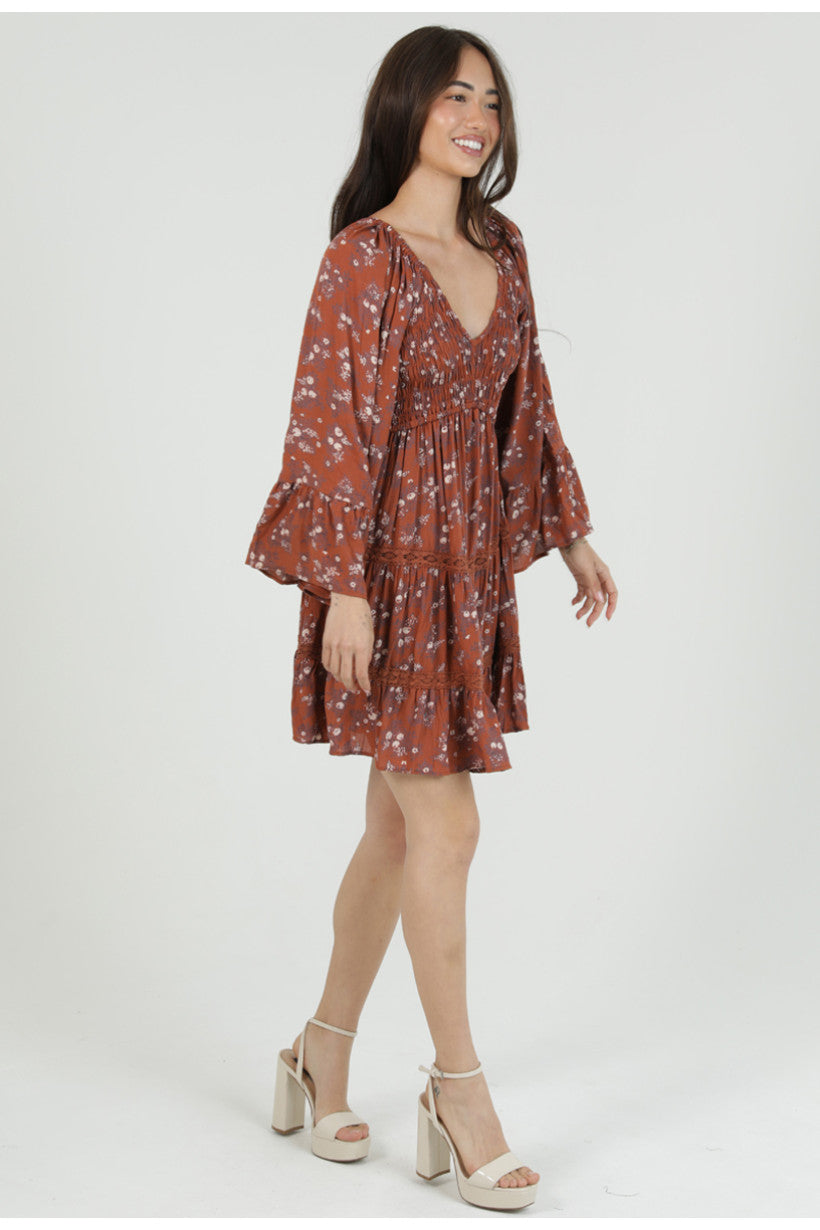 Smocked Bodice V Neck Long Sleeve Dress w/ Crochet Tiers
