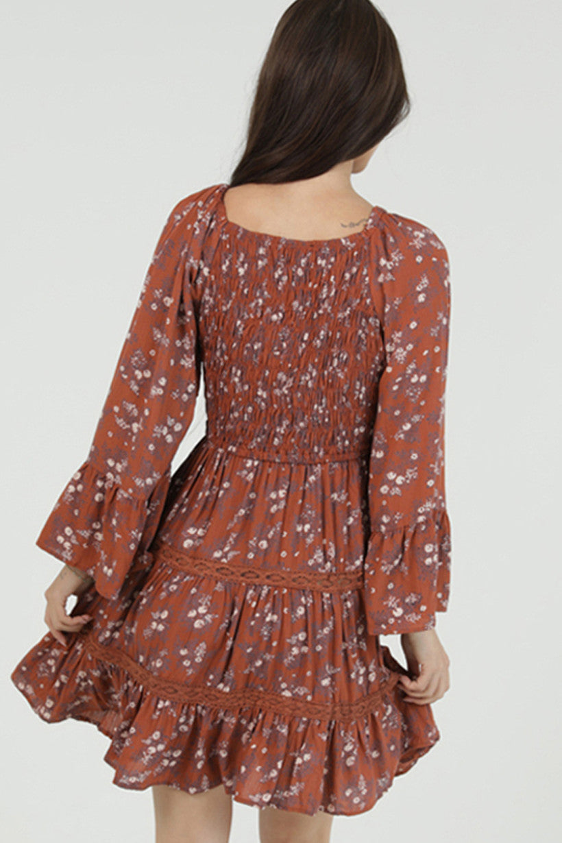 Smocked Bodice V Neck Long Sleeve Dress w/ Crochet Tiers