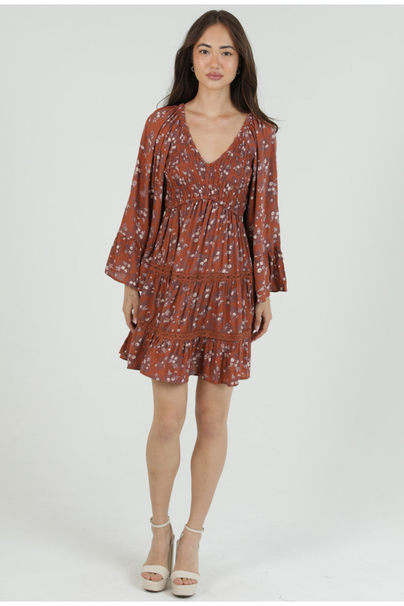 Smocked Bodice V Neck Long Sleeve Dress w/ Crochet Tiers