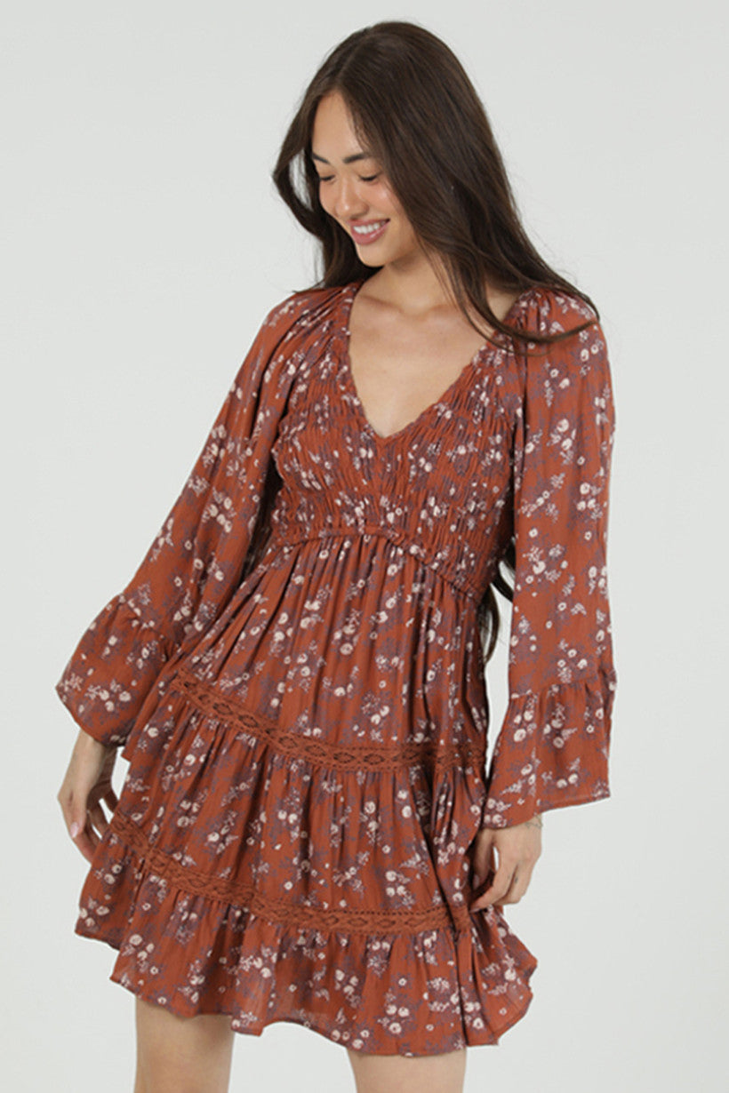 Smocked Bodice V Neck Long Sleeve Dress w/ Crochet Tiers
