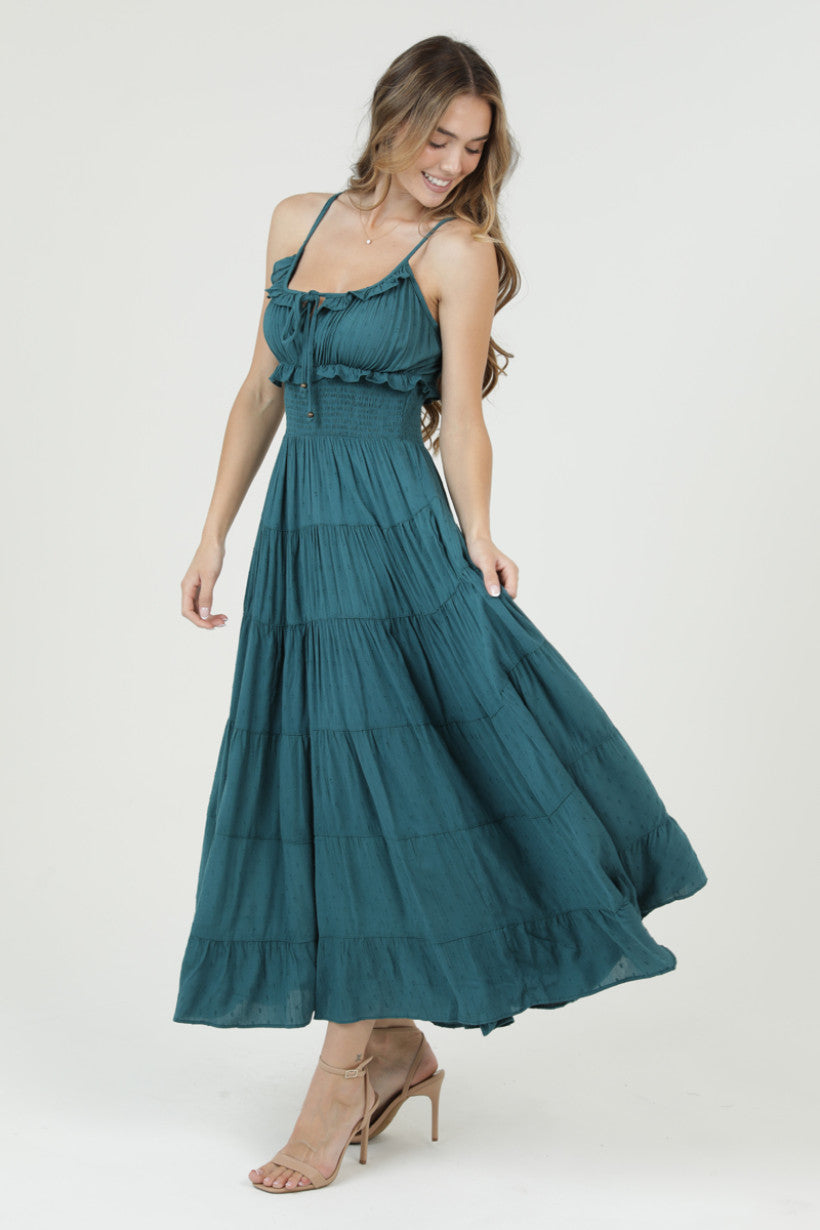 Spaghetti Strap Smocked Waist Maxi Dress w/ Ruffle Tie Neck