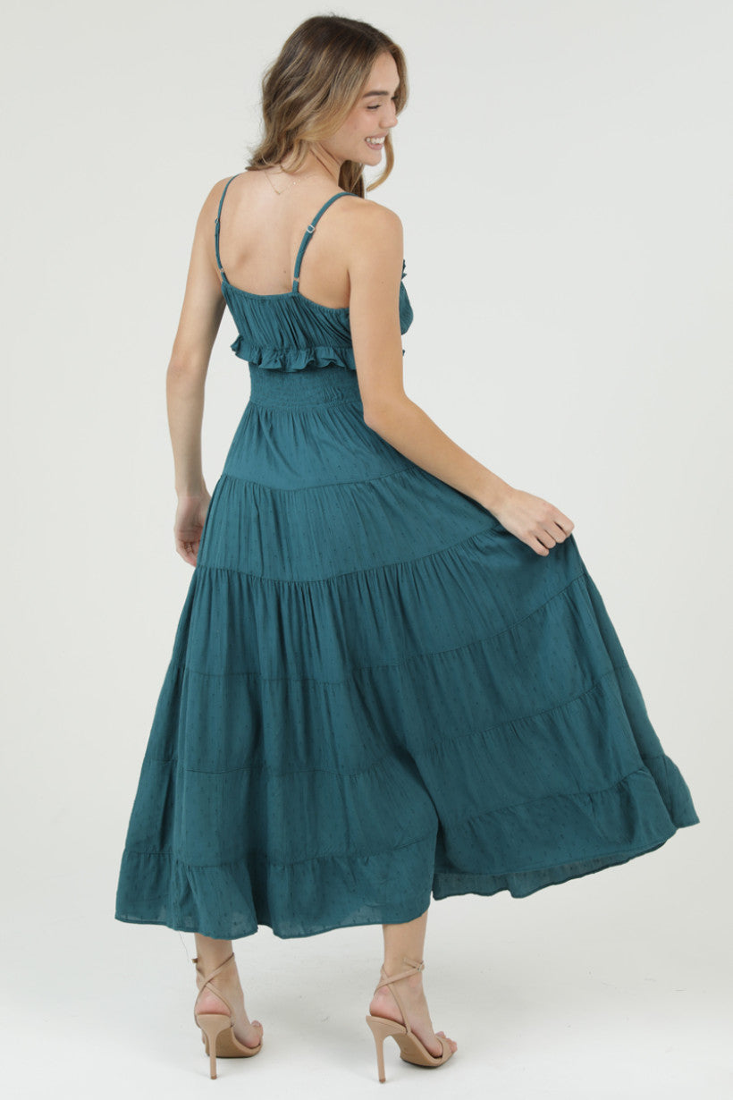 Spaghetti Strap Smocked Waist Maxi Dress w/ Ruffle Tie Neck
