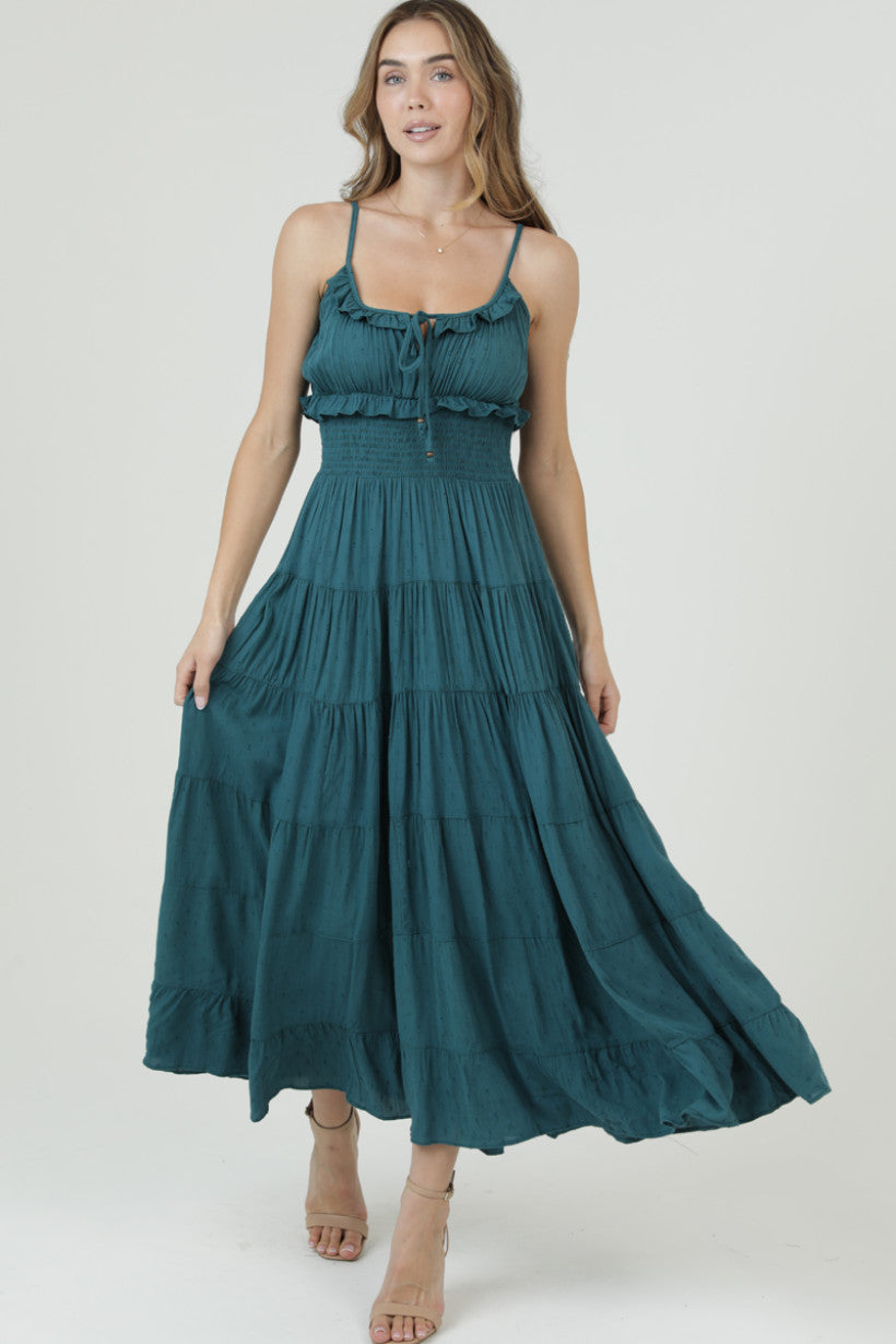Spaghetti Strap Smocked Waist Maxi Dress w/ Ruffle Tie Neck