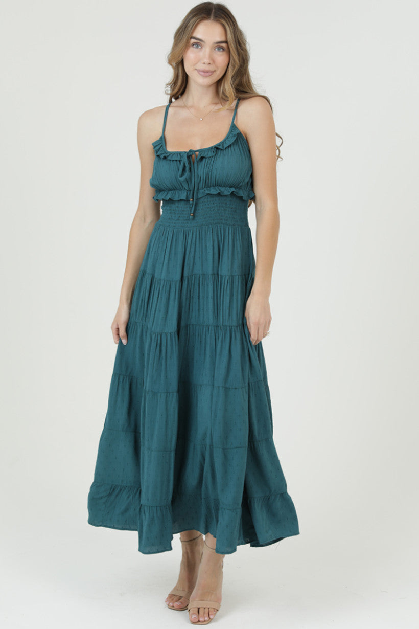 Spaghetti Strap Smocked Waist Maxi Dress w/ Ruffle Tie Neck